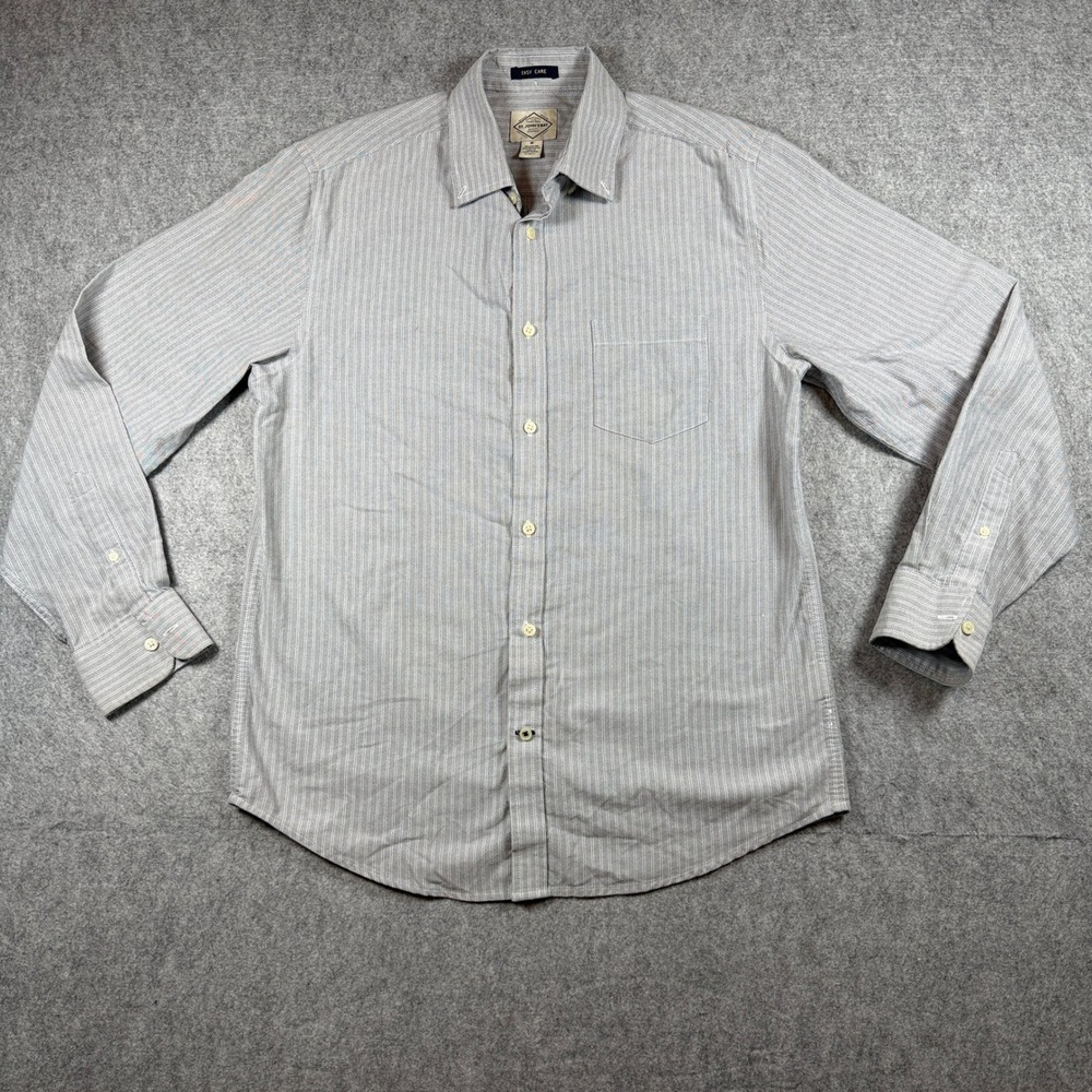 St. Johns Bay Mens Easy Care Button Front Shirt M Gray Striped Long Sleeve